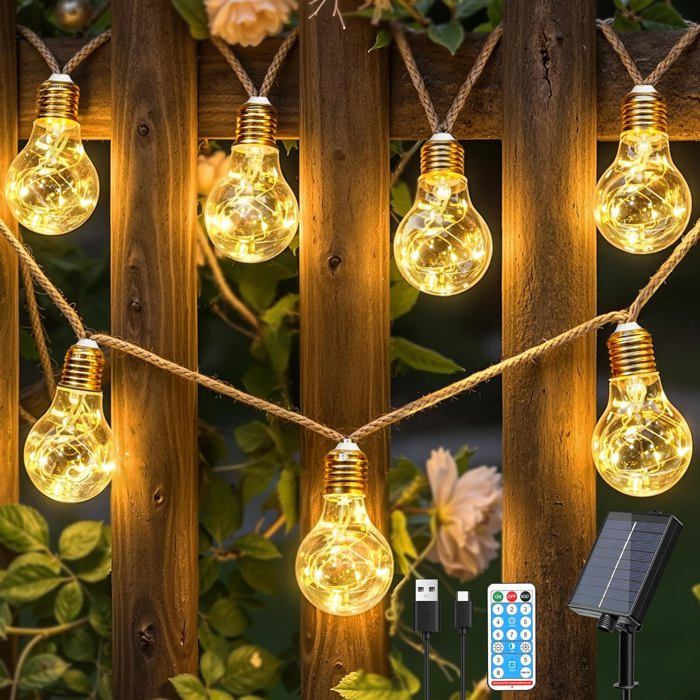 Guirlande Lumineuse Solaire Extérieure 16 Ampoules 8M Guirlande Résistante Aux Intempéries 8 Modes Minuterie Dimmable Usb Po[Ji29]