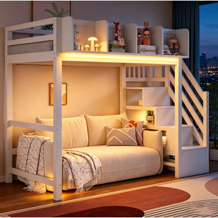 Lit Mezzanine Bois Blanc 90x200 Lit Sureleve LED FloraGrace Chambre Enfant Rangements Integres 252.5x95x170cm