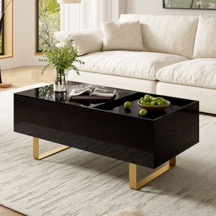 Table Basse Relevable - 100x50x54.5cm - Table de Salon en Bois MDF Laqué Moderne avec Tiroir Coffre et Pieds Dorés - Noir