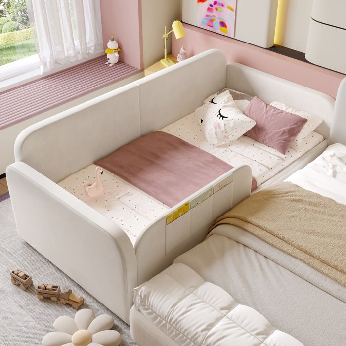 Lit combiné enfant 90×200 cm 2 tiroirs et 3 poches - MEUNIQ - sans matelas velours blanc métal