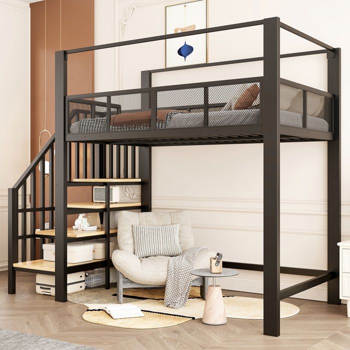 Lit mezzanine 90 × 200 cm Lit en fer 1 place avec escalier de sécurité adapté aux adolescents ou aux adultes - Noir