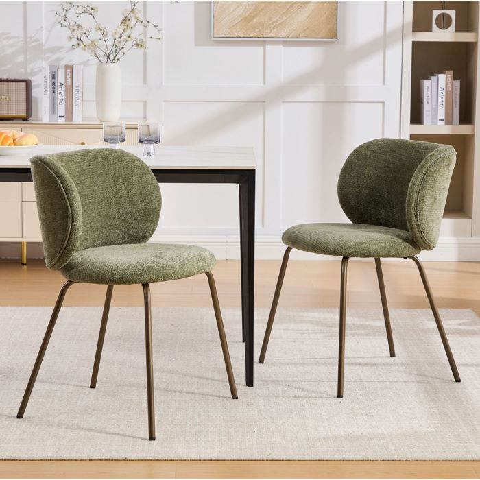 Chaise de salle à manger lot de 2 en chenille avec dossier incurvé - MODENVIE - pieds métal bronze vert