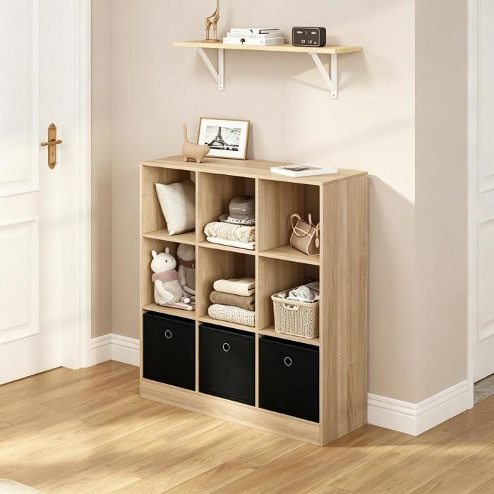 Étagère de rangement - Noir Chêne clair - Bois dingénierie Tissu - 80x30x865 cm - 184 kg - 3 tiroirs en tissu