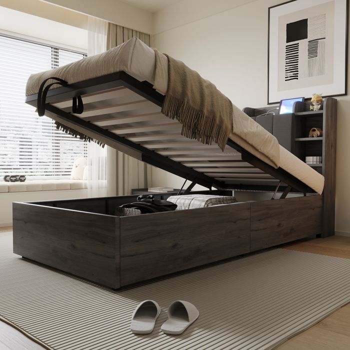 Dimensions 90x200 cm design solide et sécurisé lit simple avec espaces de rangement en bois couleur gris