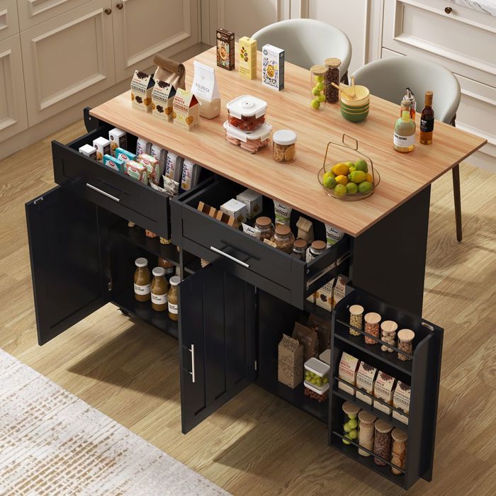 Chariot de cuisine - SOGEU - 129 x 46 cm - Plateau bois massif rabattable - 1 porte et tiroirs - Roulettes et pieds en bois