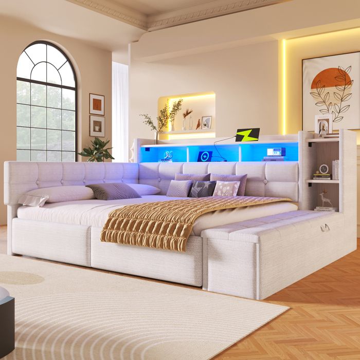 Lit Banquette Rembourré 140x190 cm 2 Tiroirs Banc Coffre au Pied Étagère Intégrée LED Multicolore USB et USB-C Velours - Blanc