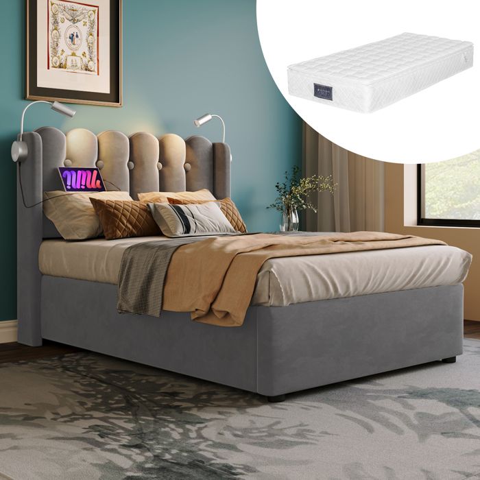 Lit coffre 1 place - ZEVKOR - 90×200 Velours gris - Matelas 25 cm - Tête capitonnée - USB & lampe