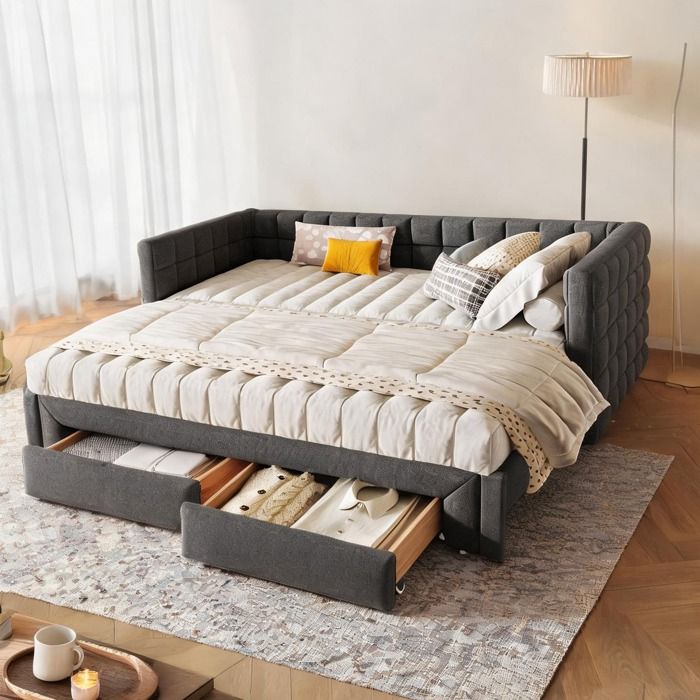 Canapé-lit daybed 90 x 200 cm extensible en queen size velours gris froid 2 tiroirs dossier carré
