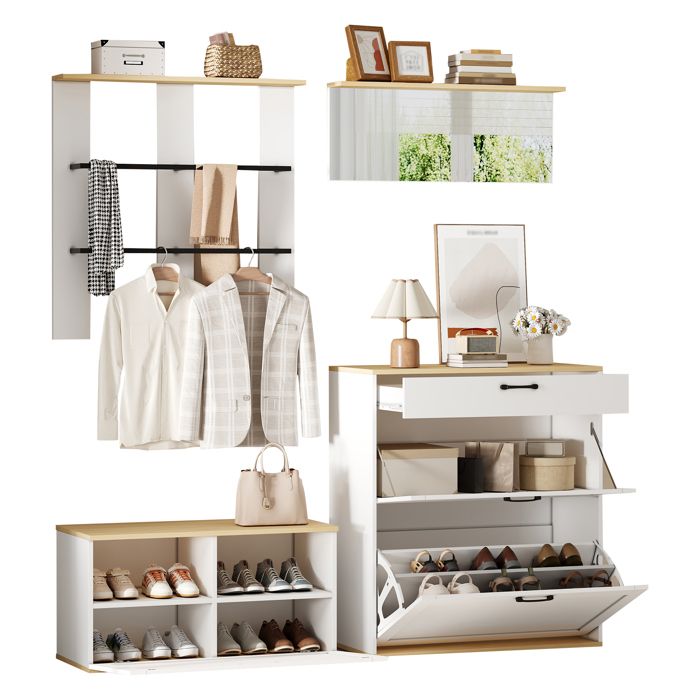 Vestiaire dentrée avec miroir banc et armoire à chaussures- Blanc et Bois - 156x36x176cm - Style Moderne