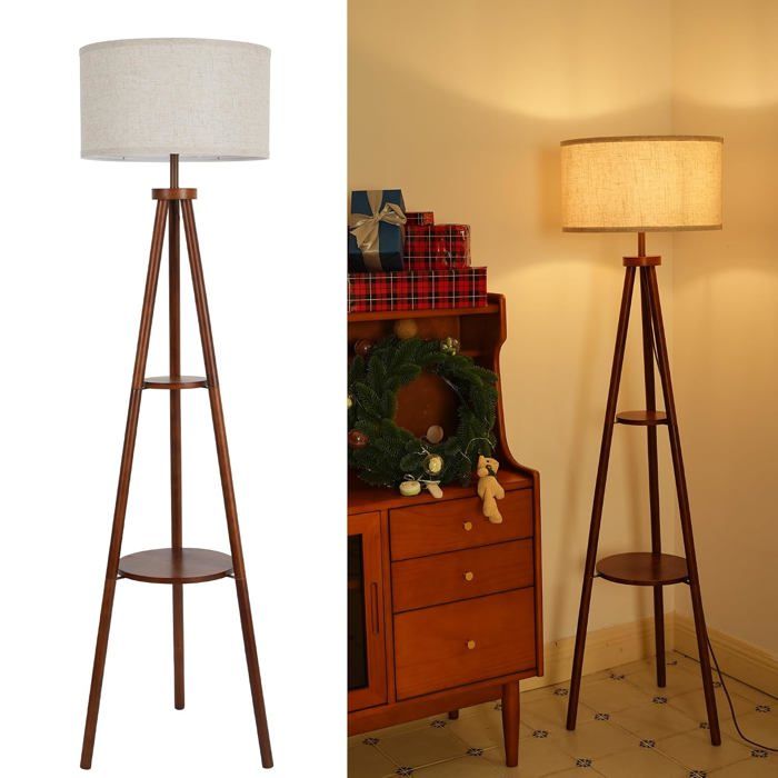 Lampadaire Trépied Bois avec Tablette - Vintage Rustique Noyer Abat-jour Tissu Interrupteur au Pied H154cm E27 Éclairage Salon