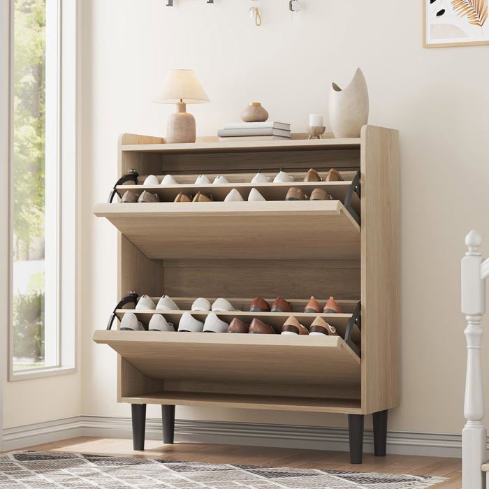 Armoire à chaussures beige autoportante en bois 2 tiroirs basculants étagères réglables rangement slim discret pour entrée salon