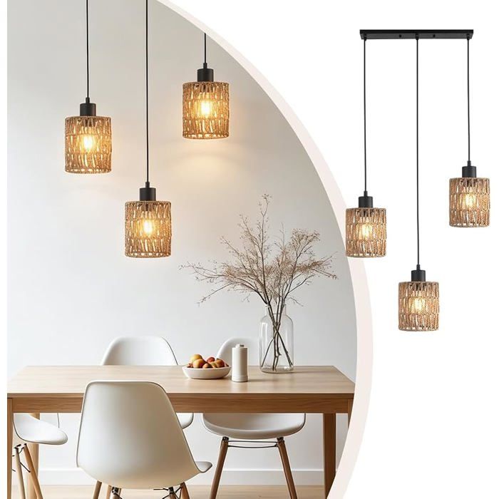 Suspension Rotin 3 Lumières Suspension Luminaire Style Bohème et Naturel Hauteur Régble Pour Couleur Bois Naturel LUSTRE