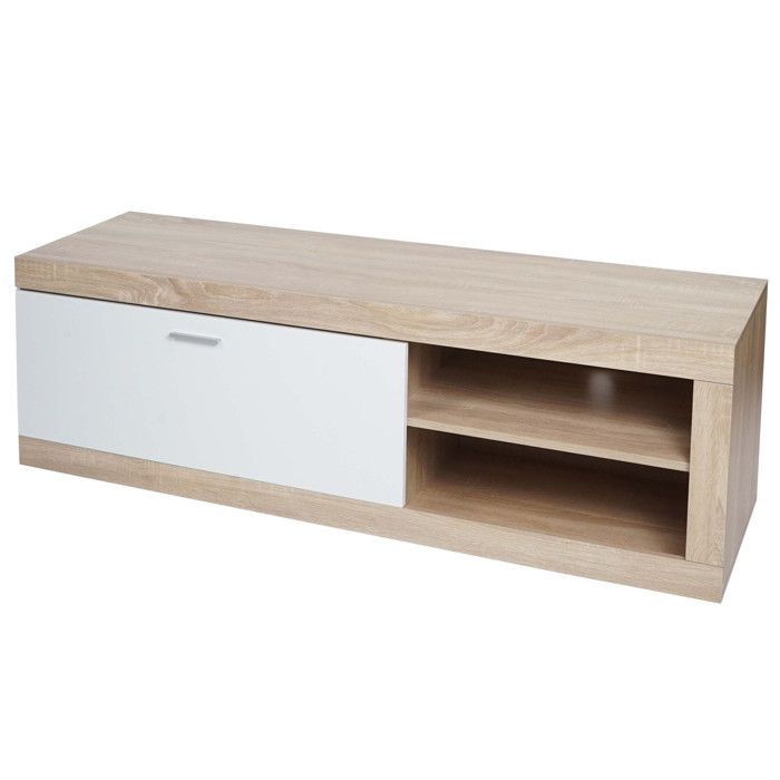 Rack TV HWC-L33 - Table TV Table basse Armoire TV Commode - bois 43x140x41cm Compartiment de rangement - aspect chêne - blanc Rack TV HWC-L33 - Table TV Table basse Armoire TV Commode - bois 43x140x41cm Compartiment de rangement - aspect chêne - blanc