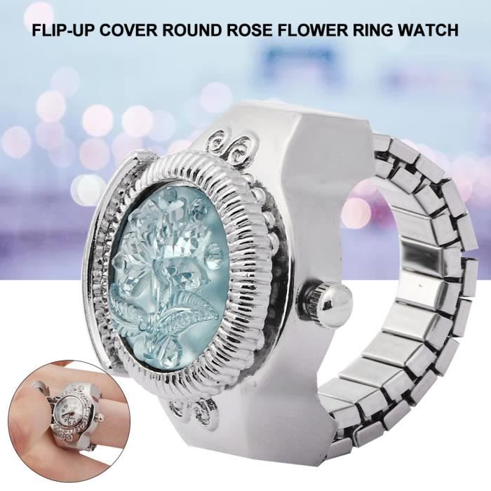 Bague montre doigt couvercle rabattable ronde fleur rose femmes