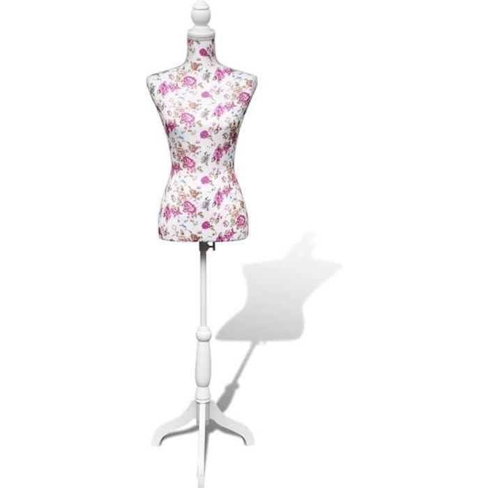 Buste de couture de femme - Modèle Porte-vêtement - Hauteur réglable : 133 - 168 cm Mannequin en coton blanc motifs à rosiers