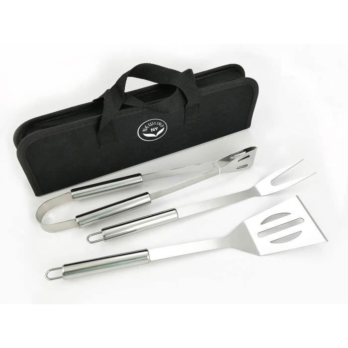 Lot 3 Ustensiles Barbecue Acier Inoxydable - Pince, Spatule, Fourchette Avec Poignées Bois - Kit Complet Grill