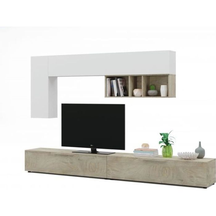 meuble tv louis 2 portes l260cm et étagère murale l210cm - couleur - blanc / bois