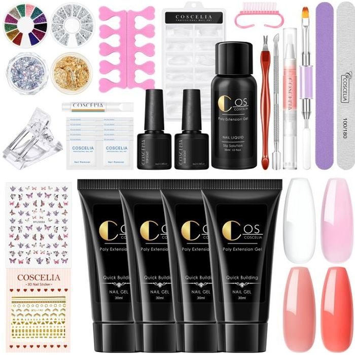 COSCELIA 4pcs Polygel 30ml Kit Grande Capacité Ongles Extension Gel
