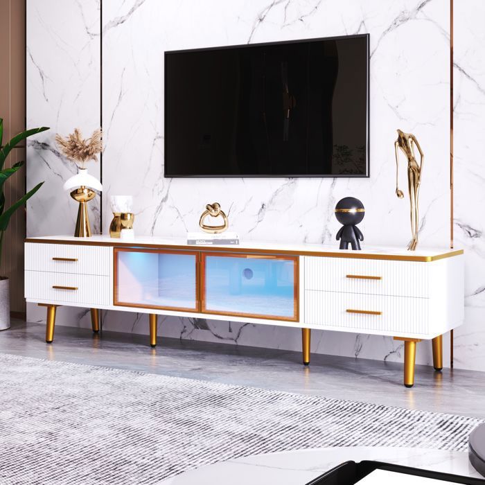 Meuble TV LED Salon Moderne - 4 Tiroirs 2 Portes-Buffet Bas Brillant -Armoire de Rangement-170x37x47.5cm Blanc