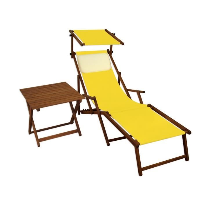chaise longue de jardin pliante jaune avec repose-pieds, pare-soleil et table - erst-holz - 10-302fstkh
