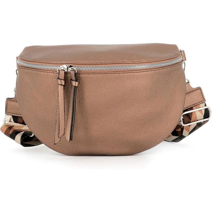 Sac Banane Femme Flora Co Paris - Similicuir Grainé Marron Métal - Bandoulière Brodée 5cm Sac Banane Femme Flora Co Paris - Similicuir Grainé Marron Métal - Bandoulière Brodée 5cm
