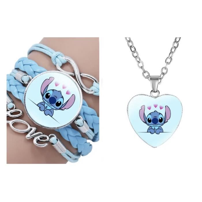 Lot bijoux stitch bracelet et collier bleu amour coeur pendentif