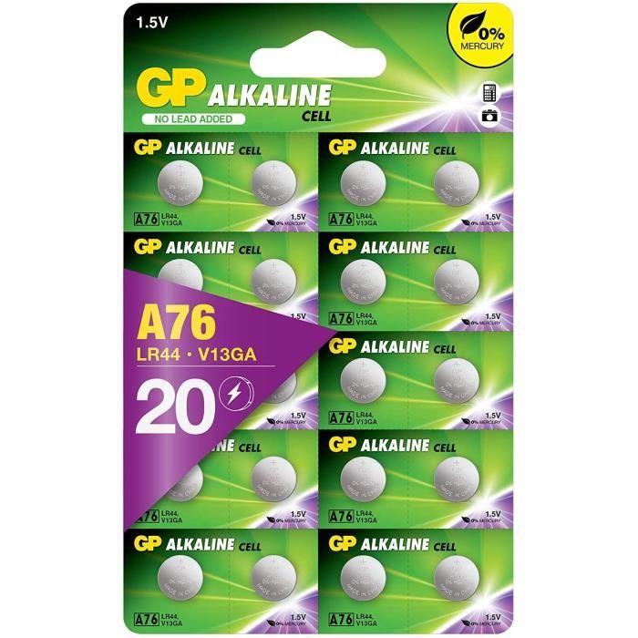 Piles LR44 - Lot de 20 |GP Extra | Bouton Alcaline LR 44 - A76 - AG13 - Longue Durée