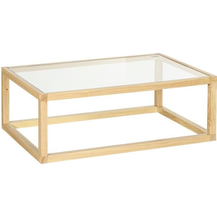 table basse contemporaine en verre trempé et bois d'hévéa - homcom - rectangulaire - blanc - 100x60x35cm