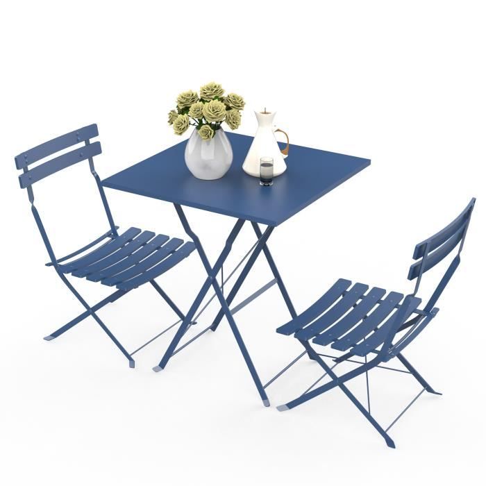 Ensemble de table et chaises d'extérieur KEDIA - Table carrée 55cm*55cm - 2 chaises pliantes en acier - Bleu