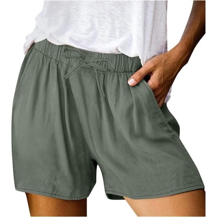 Short Lin Coton Femme ete Chic Large Fluide Shorts Habille Femme Grande Taille elastique avec Poches Confortable Ample Casual Sport Armee vert Cdiscount Pret a Porter