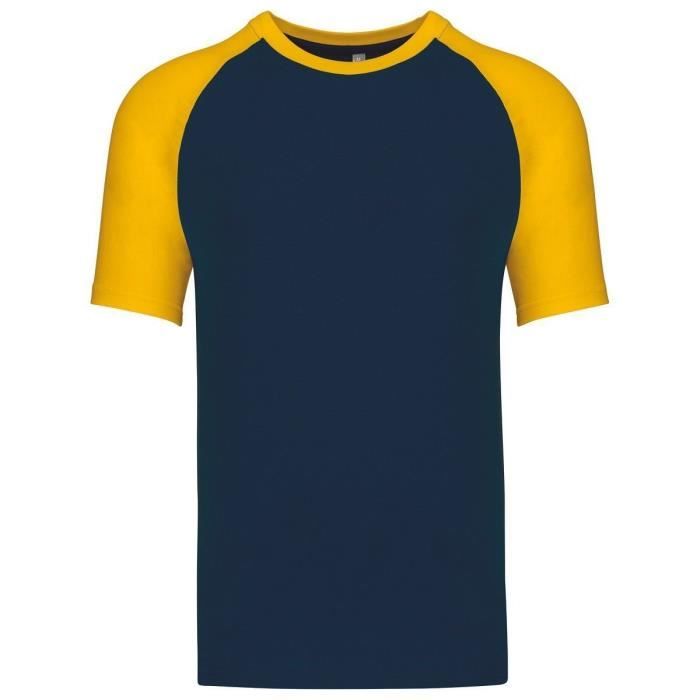 t-shirt baseball bicolore homme k330 bleu marine et jaune - kariban - manches raglan et col élasthanne