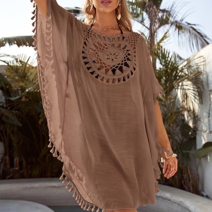 Robe de plage,Tunique de plage blanche ?� franges,couleur unie,tournesol,pour femmes,cover-up 