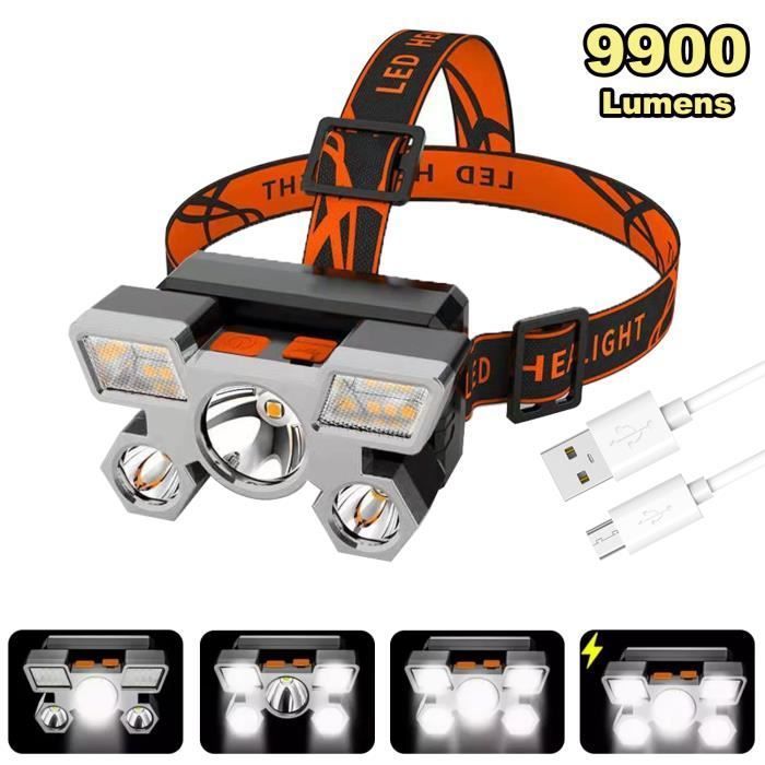 Lampe Frontale 9900 Lumens Puissante LED Rechargeable USB Orange - Étanche et Léger , 4 Modes pour le Camping, la Pêche, le Jogging
