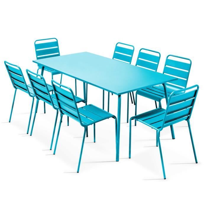 Ensemble table de jardin et 8 chaises - Acier - Palavas - Bleu