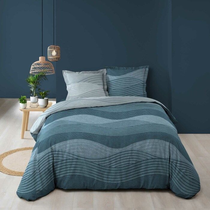 Parure De Lit 6 Pièces En Satin à Rayures P Pothuiny - Bleu Silex Pour Grand Lit (Housse + Drap + 4 Taies)