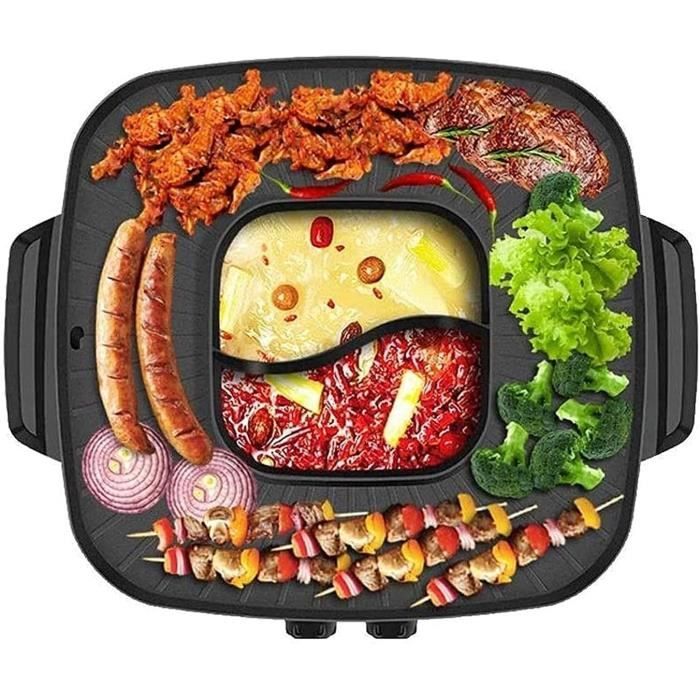 Hot Pot électrique 2 En 1 - 2200W, Plaque à Griller Et Marmite Fondue Amovible, Revêtement Anti-adhésif - Pour Raclette, Barbecue, Fondue