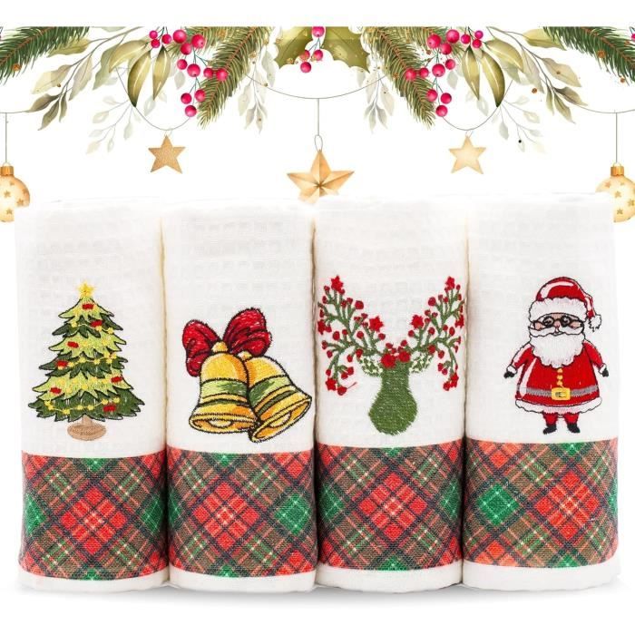 Lot De 4 Torchons Cuisine Bonhomme De Neige - Serviettes 42x65cm, Décoration Hiver Douce Et Absorbante