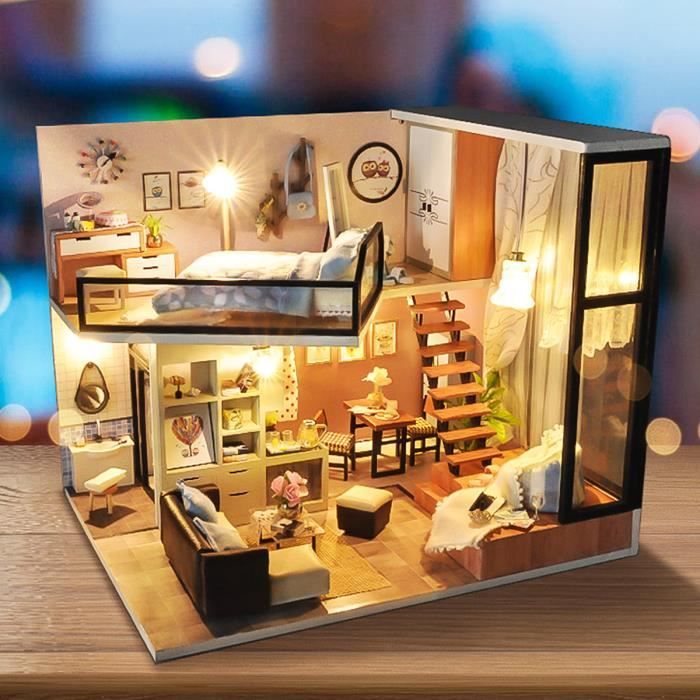 À faire soi-même 3d maison de poupée Bois Miniature Meubles Kit Mini Café maison avec DEL-Luminaires 