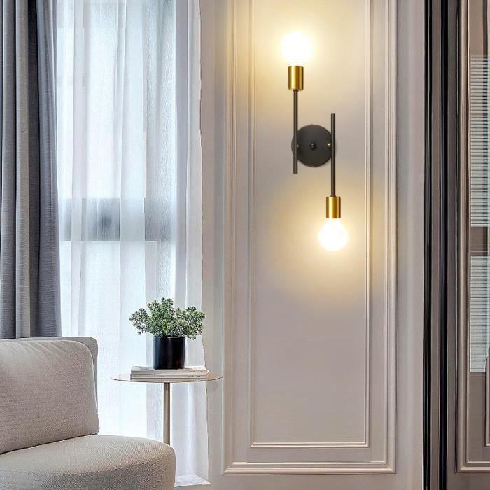 TOKIUS Applique Murale Interieur Moderne E27 Vintage en Métal 2 Têtes Lampe Murale pour Salon Chambre Couloir (Noir et Cuivre)