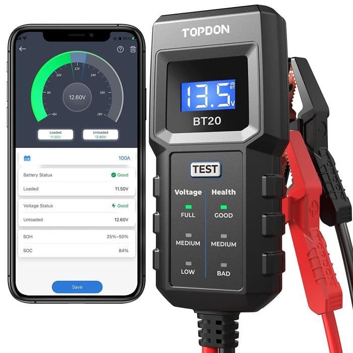 Testeur de batterie de voiture 12 V, TOPDON BT20 testeur de charge/tension de batterie 100-2000CCA via application