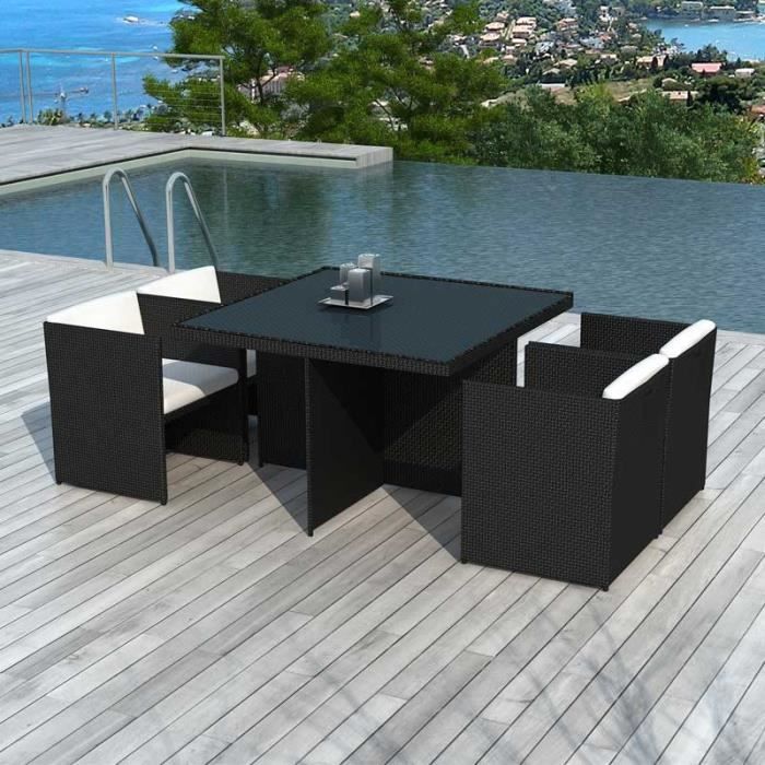ensemble table et 4 fauteuils de jardin en résine noire - tousmesmeubles - ksim - haut de gamme - gain de place