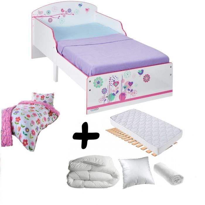 Pack complet Premium Lit enfant Fleurs et Oiseaux = Lit+Matelas & Parure+Couette+Oreiller
