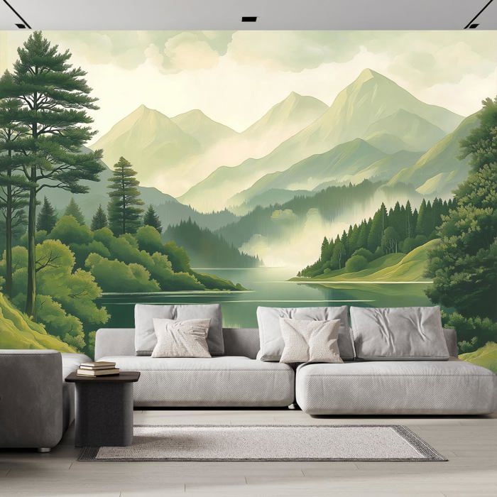 Papier Peint Panoramique Aquarelle Montagnes Forêt Nature 350x256 cm ...