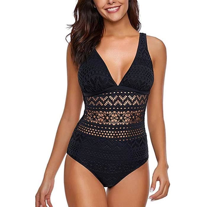 Maillot De Bain 1 PieCe en Dentelle Sexy Femme Col V Maille Respirante Grande Taille Push Up Taille Haute Swimwear ETe Plage Bikini Noir Cdiscount Pret a Porter