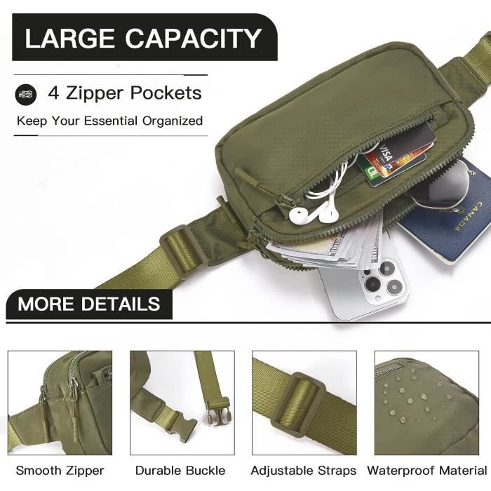 Sac Banane Unisexe Réglable 25x15x9 Cm | Tissu Composite Résistant | Pour Sport, Voyage, Randonnée | Vert