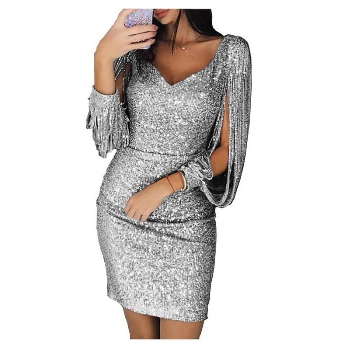 Femme Robe a Paillettes Robe de Cocktail Robe de Soiree col en V Manches Longues a Franges Robe KS Argent Argent Cdiscount Pret a Porter