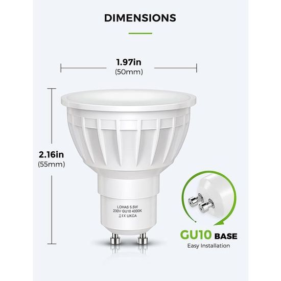LOHAS 5.5W Ampoule LED GU10 4000K Blanc Naturel, 50W Halogène Équivalent,  500LM, 120° Larges Faisceaux, Non Gradable Culot, Lot de 10 : :  Luminaires et Éclairage