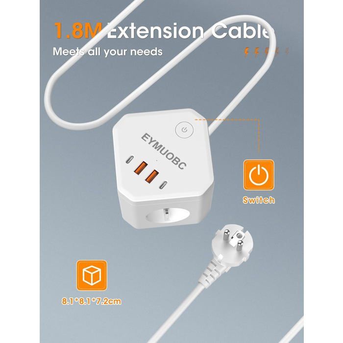 Multiple Murale Cube 8 En 1 Avec 4 Prises CA, 2 USB, 2 Type C Prise Murale Multiple Avec 989073