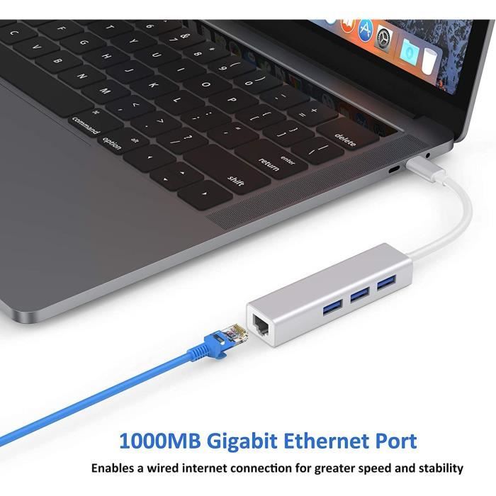 CABLING USB3.1 Type-C vers RJ45 Ethernet LAN Gigabit adaptateur avec 3 Port  USB 3.0 Hub pour MacBook - Blanc