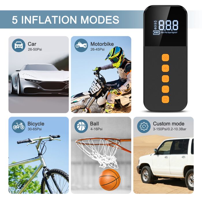Gonfleur De Pneus Portable 12V Sans Fil - Pompe à Air électrique Avec écran LCD - 6000mAh, éclairage LED - Pour Voiture, Moto, Vélo, Ballons